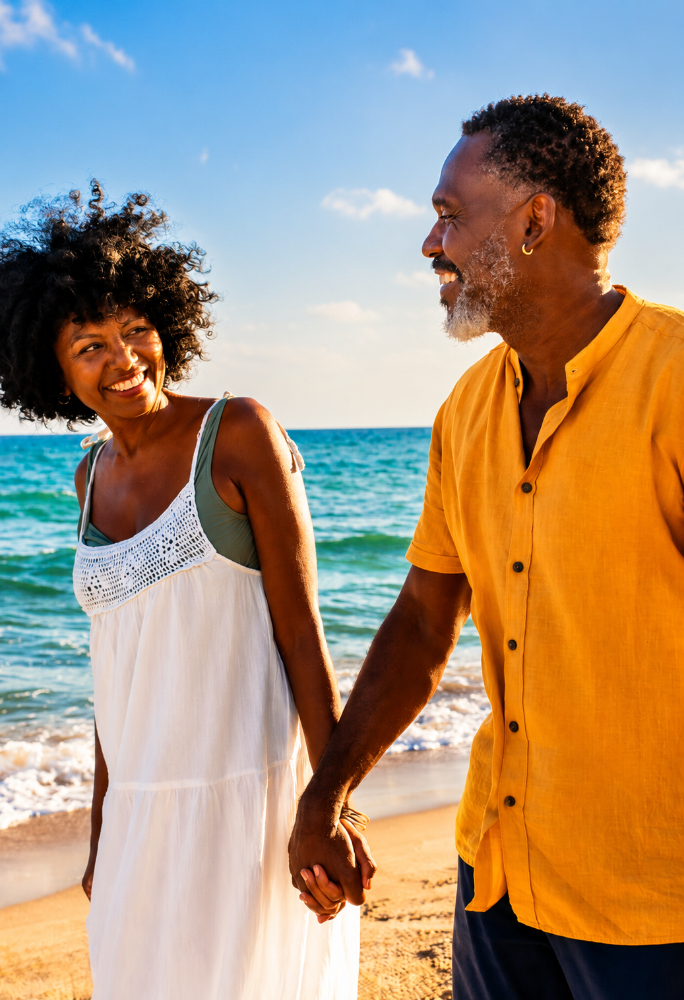 Happy couple holding hands on a sunny tropical beach, representing the travel lifestyle